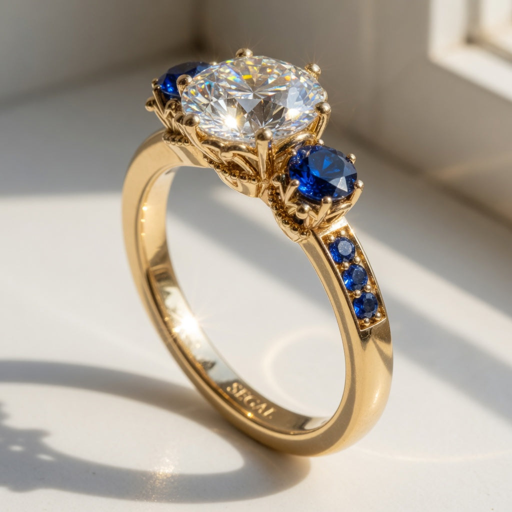 Vintage 3 Stones Diamond Ring With Micro Pave - Luna No. 52