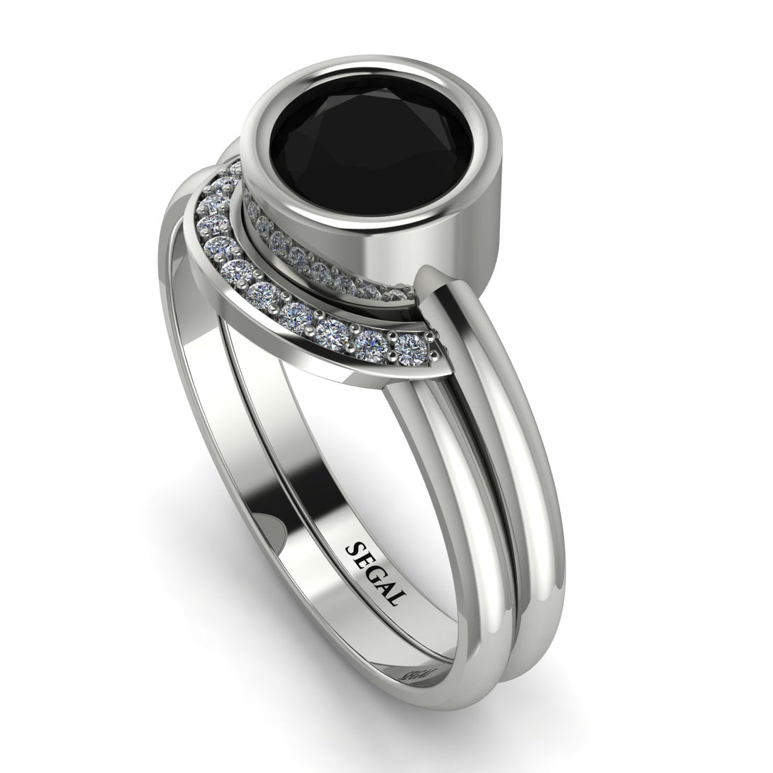 Solitaire Bezel Minimalist Black Diamond Bridal Set - Emerson No. 9