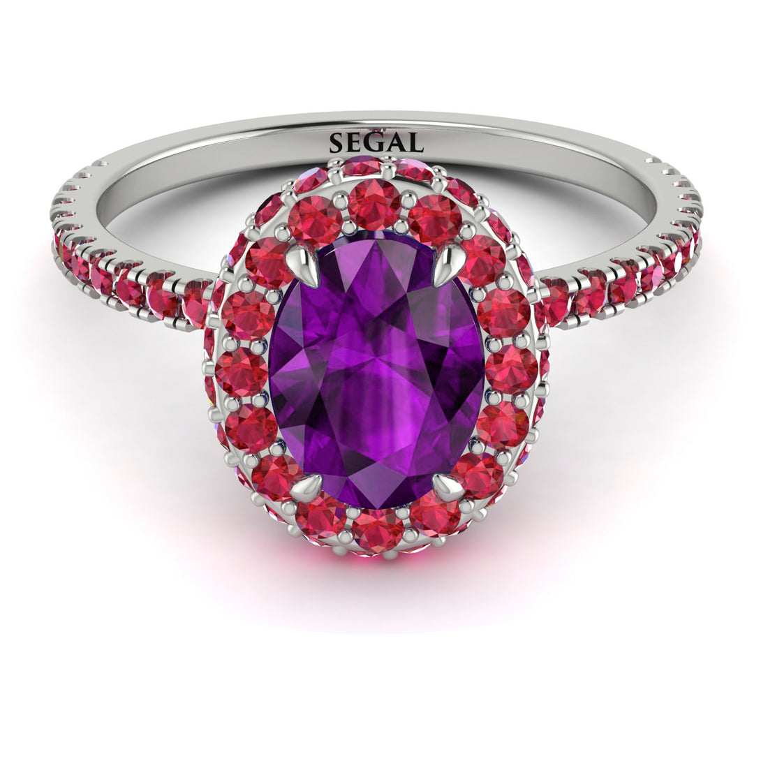 Oval Amethyst Halo Hidden Rubies Ring - Amy No. 312