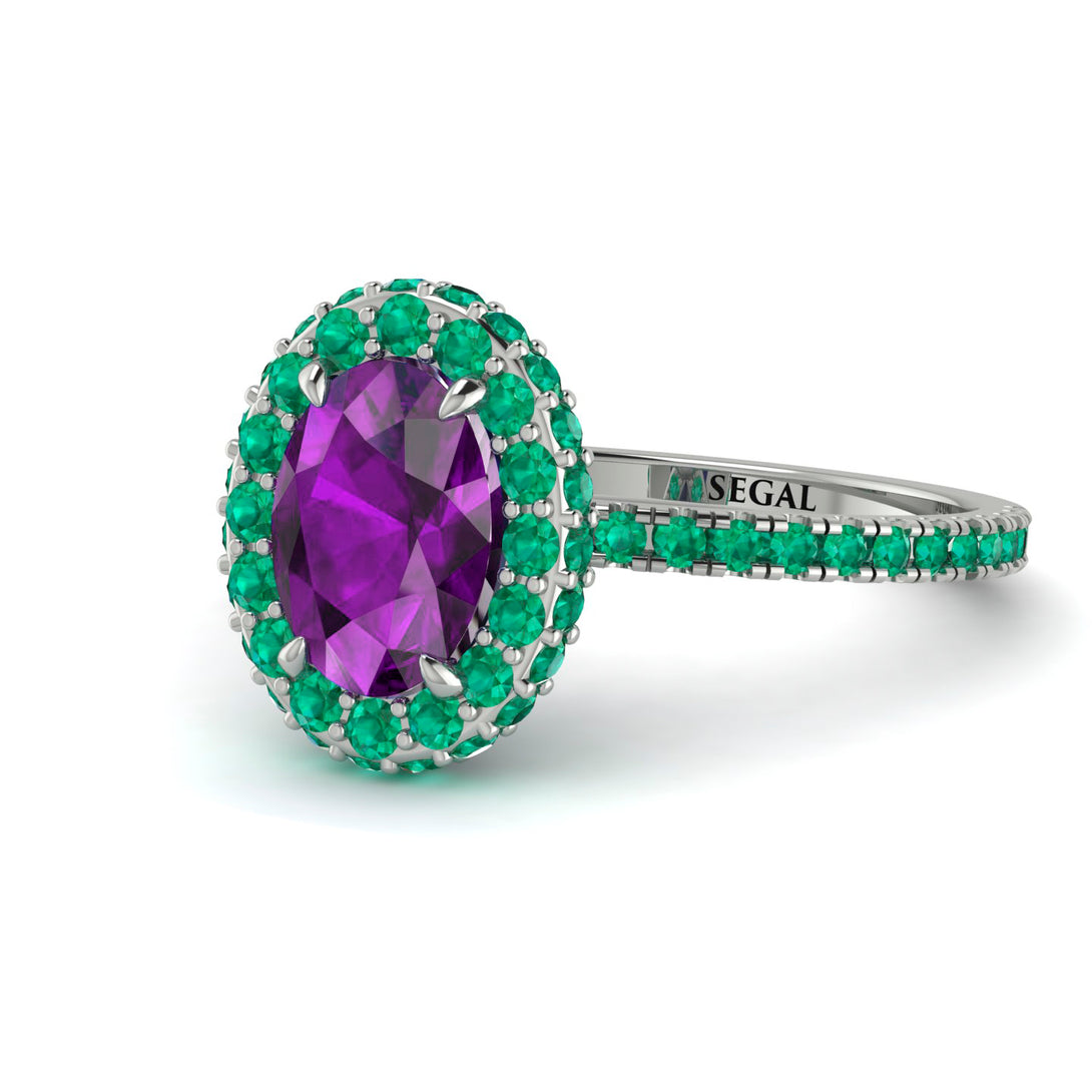 Oval Amethyst Halo Hidden Emeralds Ring - Amy No. 306