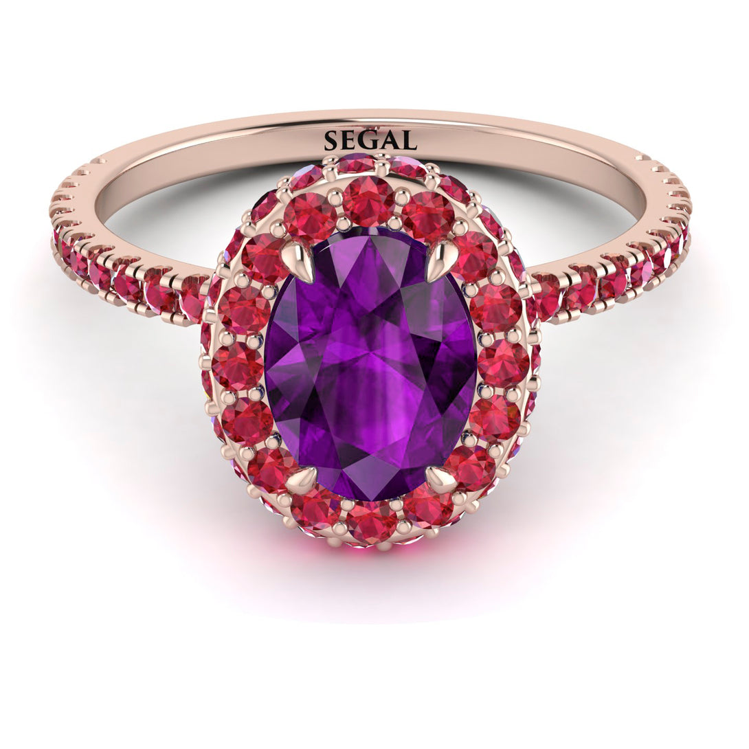 Oval Amethyst Halo Hidden Rubies Ring - Amy No. 311