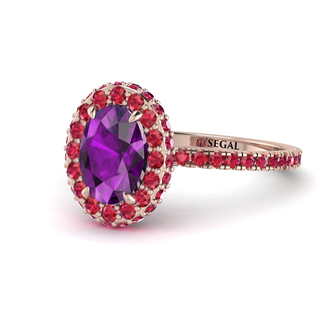 Oval Amethyst Halo Hidden Rubies Ring - Amy No. 311