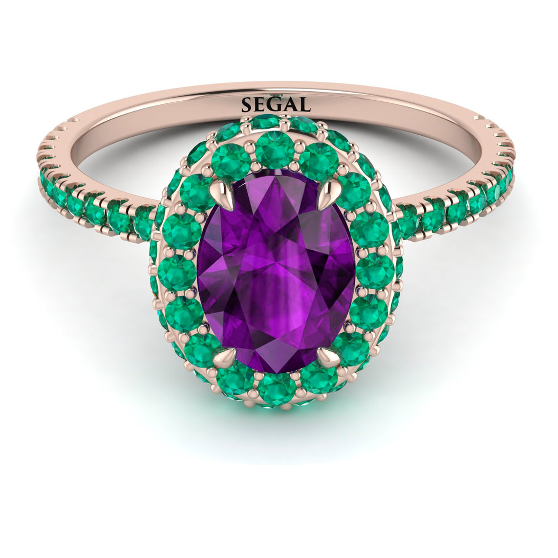 Oval Amethyst Halo Hidden Emeralds Ring - Amy No. 305