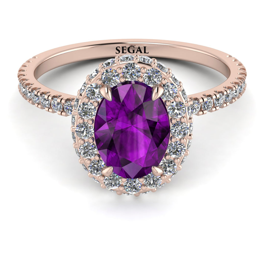 Oval Amethyst Halo Hidden Diamonds Ring - Amy No. 302
