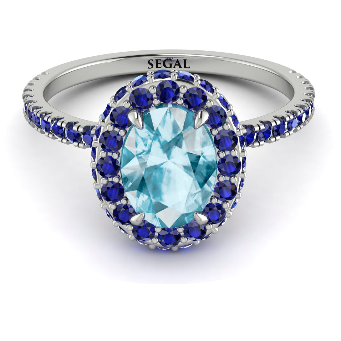 Oval Aquamarine Halo Hidden Sapphires Ring - Amy No. 415