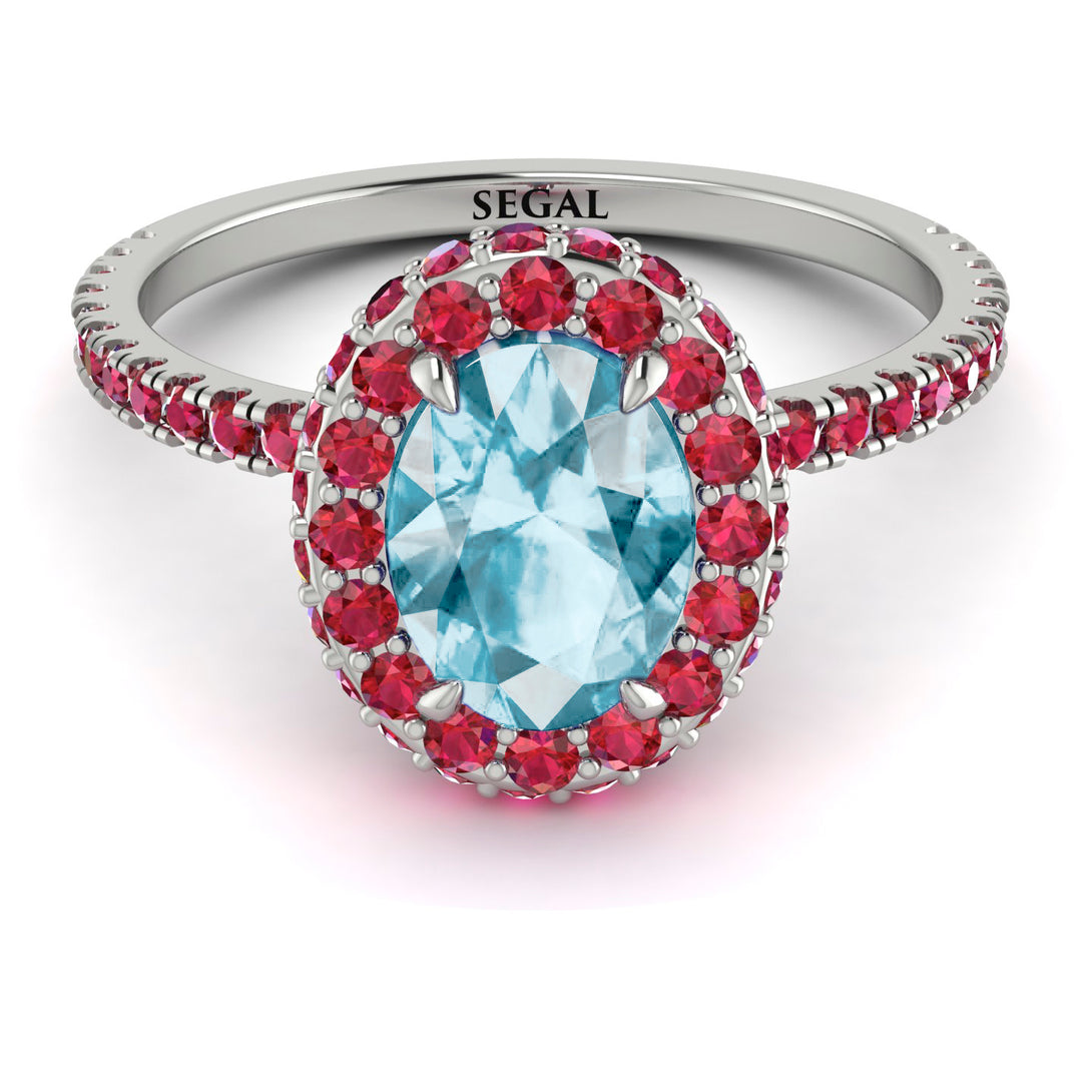 Oval Aquamarine Halo Hidden Rubies Ring - Amy No. 412