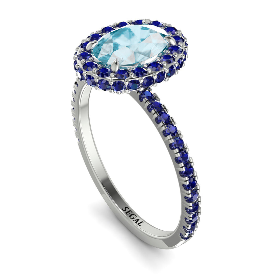 Oval Aquamarine Halo Hidden Sapphires Ring - Amy No. 415