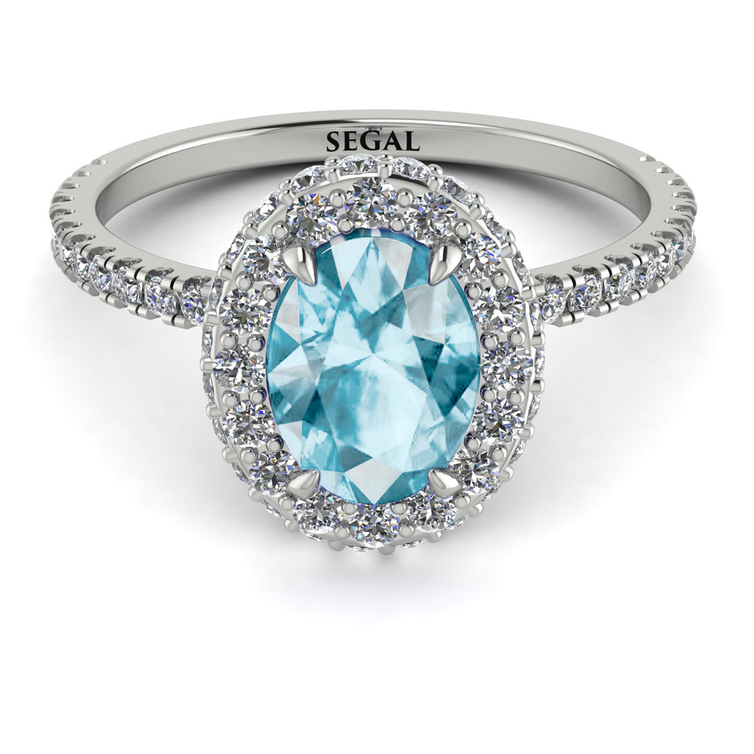 Oval Aquamarine Halo Hidden Diamonds Ring - Amy No. 403