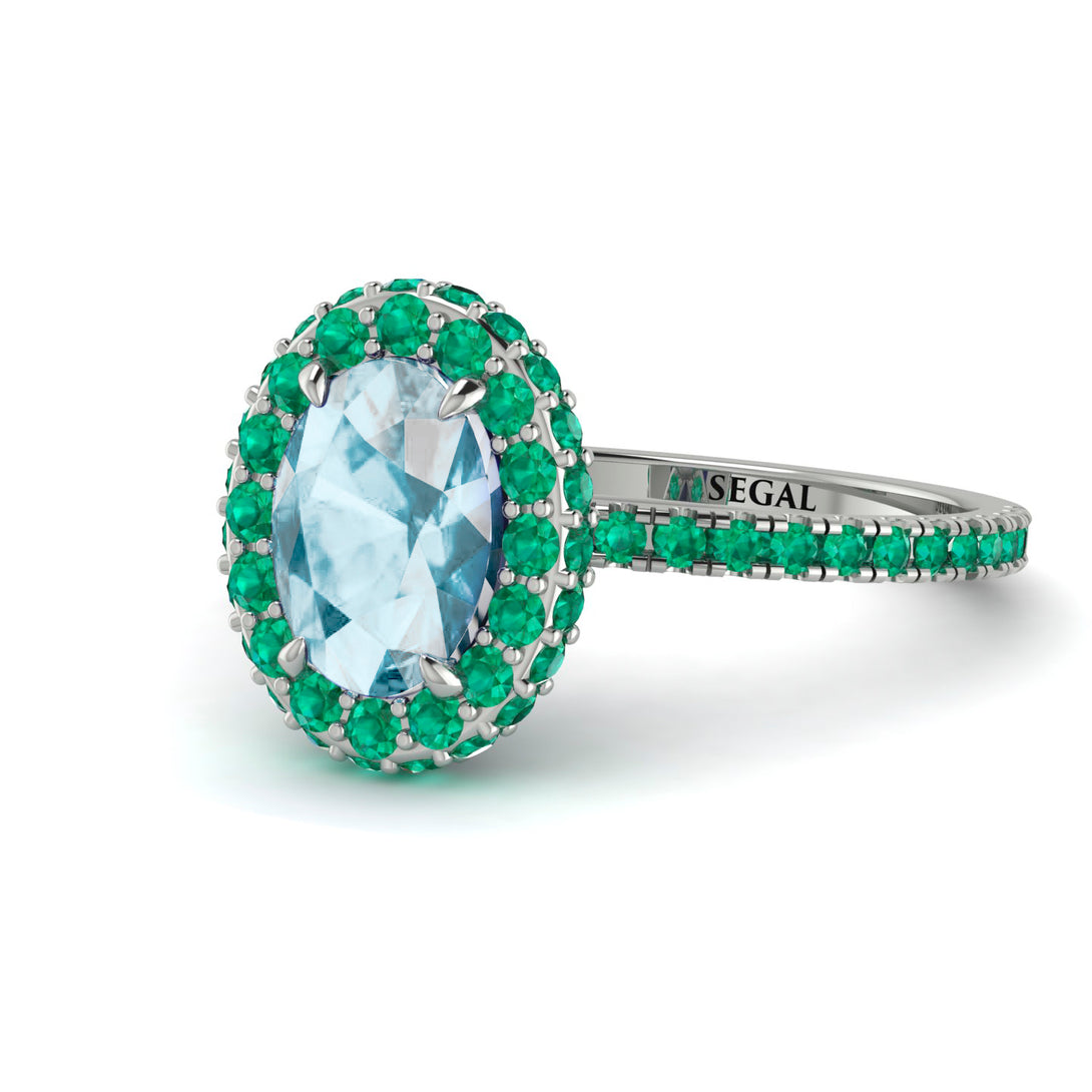 Oval Aquamarine Halo Hidden Emeralds Ring - Amy No. 406