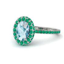Oval Aquamarine Halo Hidden Emeralds Ring - Amy No. 406 image 1