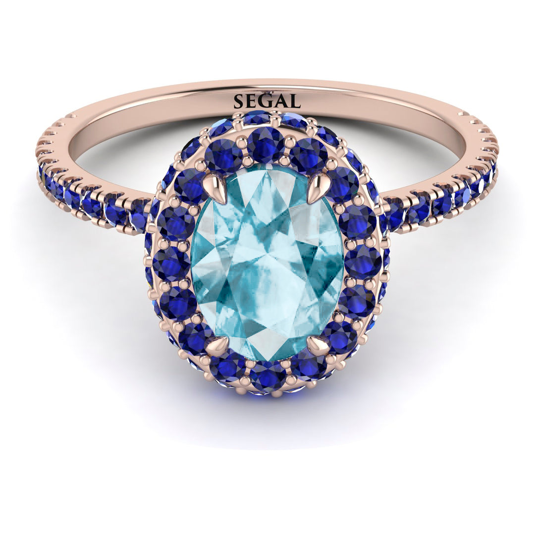 Oval Aquamarine Halo Hidden Sapphires Ring - Amy No. 414