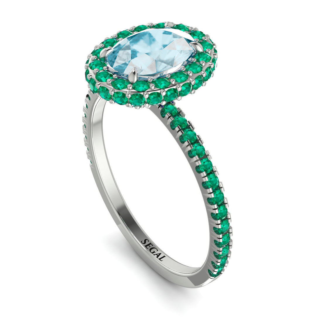 Oval Aquamarine Halo Hidden Emeralds Ring - Amy No. 406