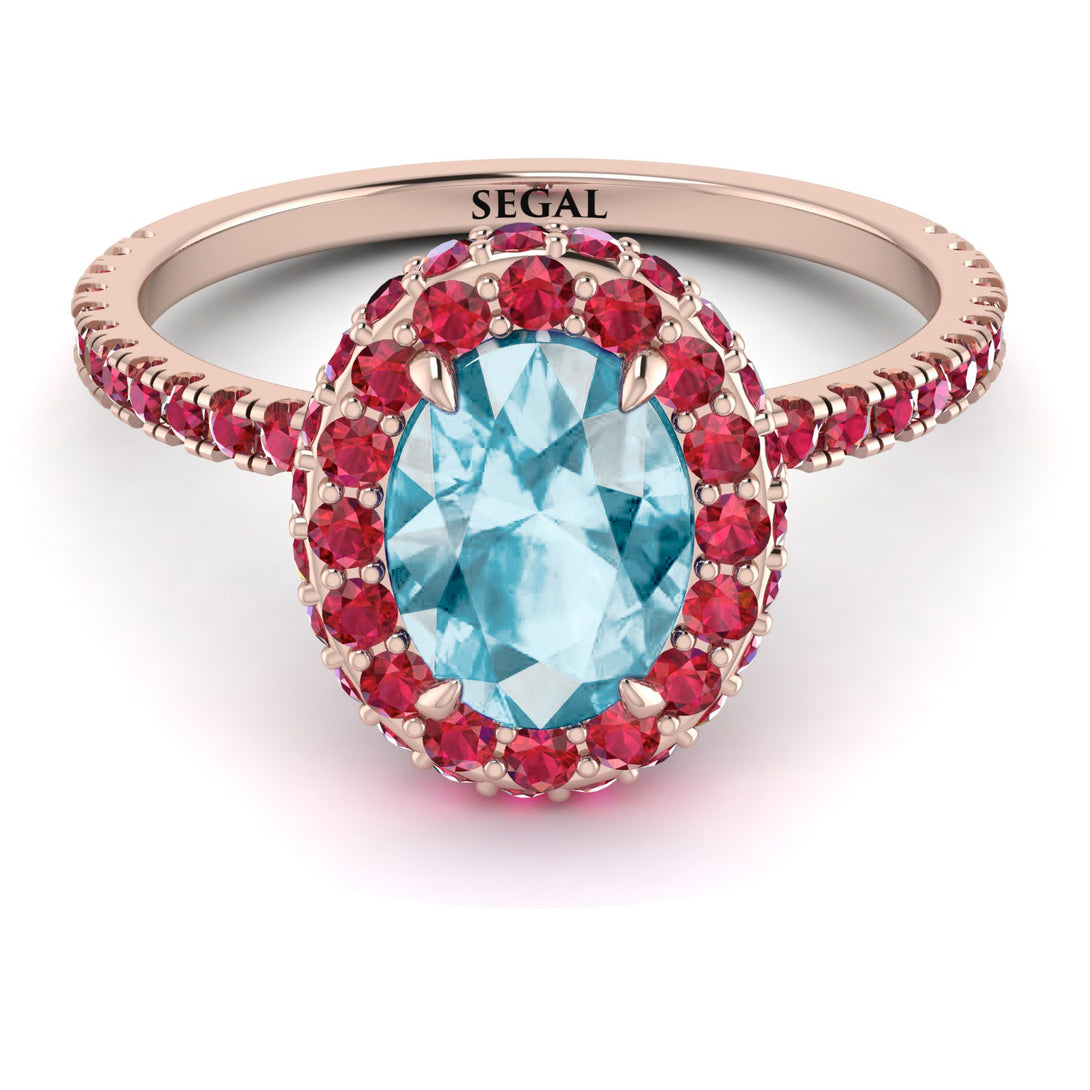 Oval Aquamarine Halo Hidden Rubies Ring - Amy No. 411