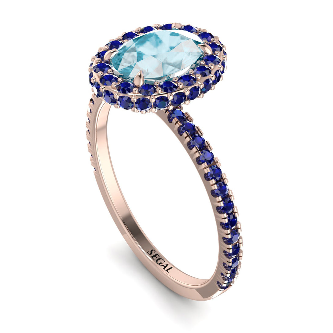 Oval Aquamarine Halo Hidden Sapphires Ring - Amy No. 414