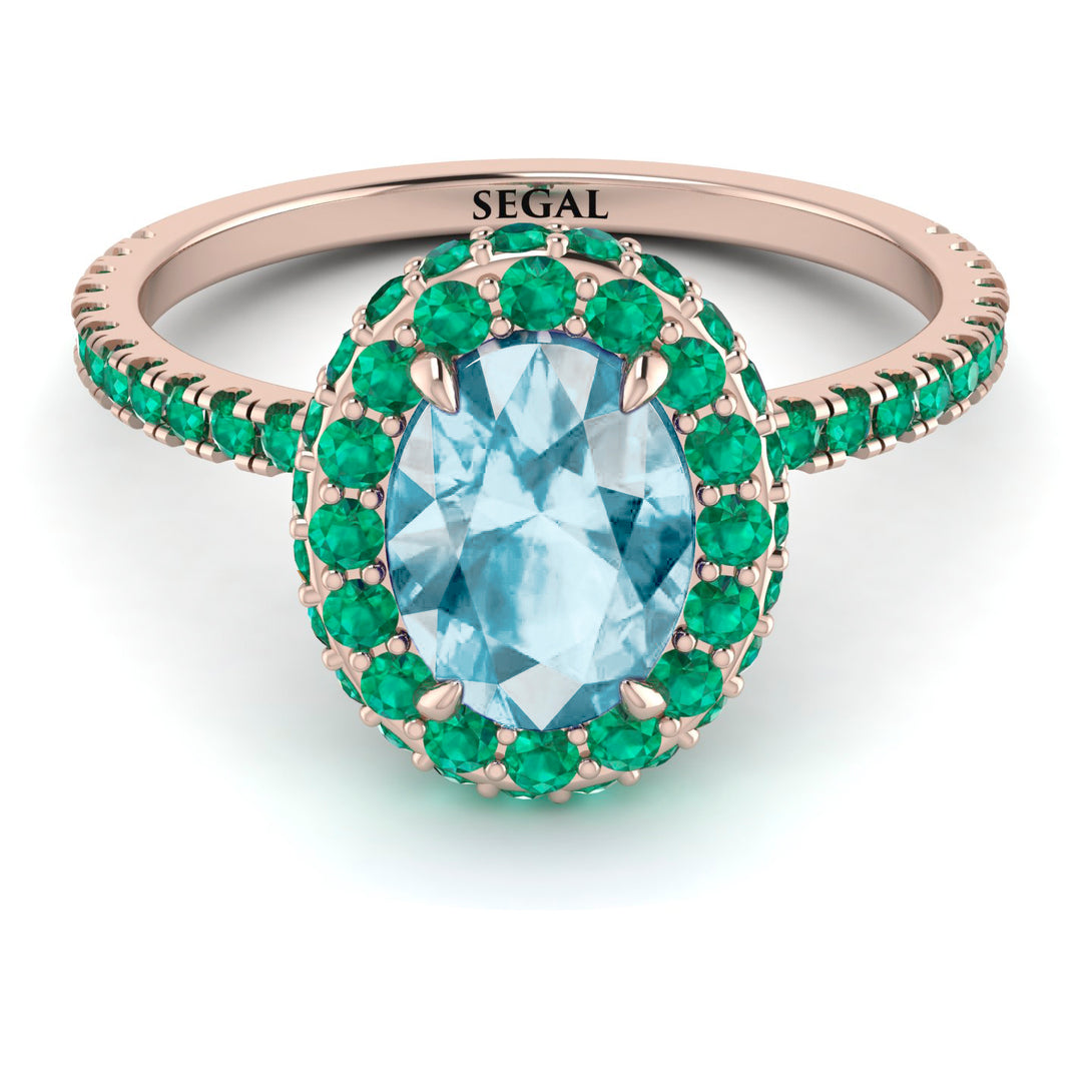 Oval Aquamarine Halo Hidden Emeralds Ring - Amy No. 405