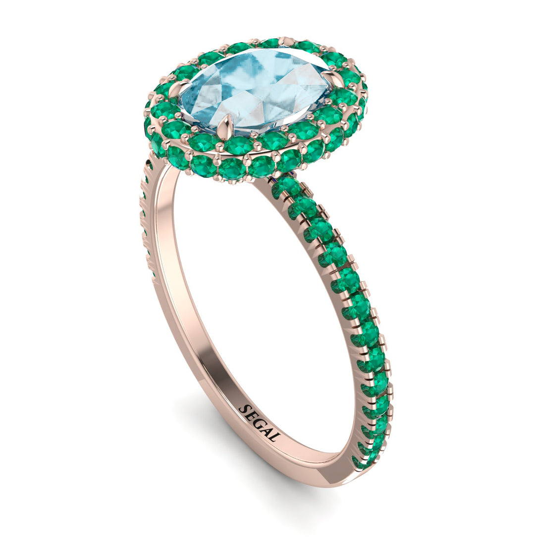 Oval Aquamarine Halo Hidden Emeralds Ring - Amy No. 405