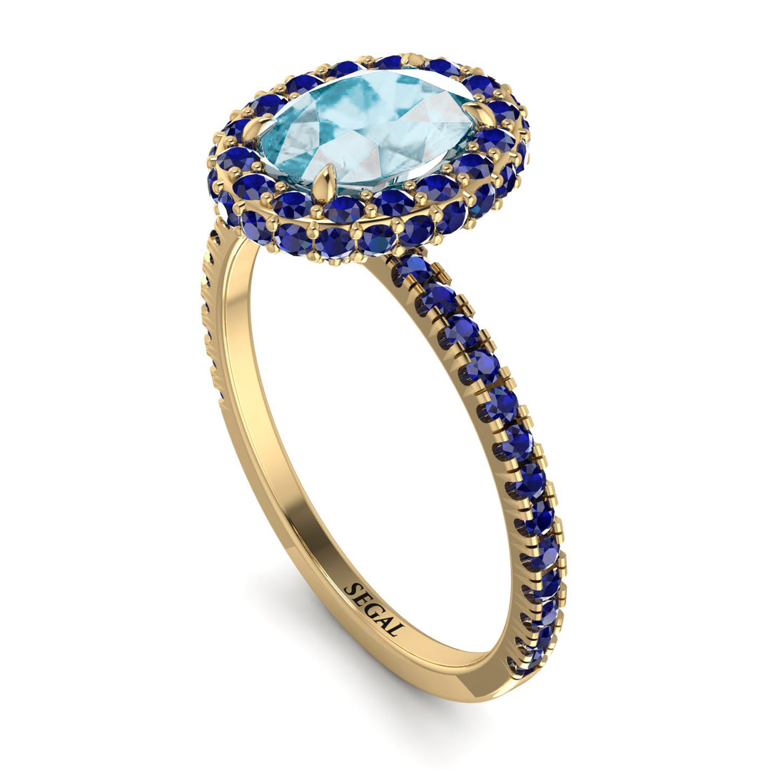 Oval Aquamarine Halo Hidden Sapphires Ring - Amy No. 413
