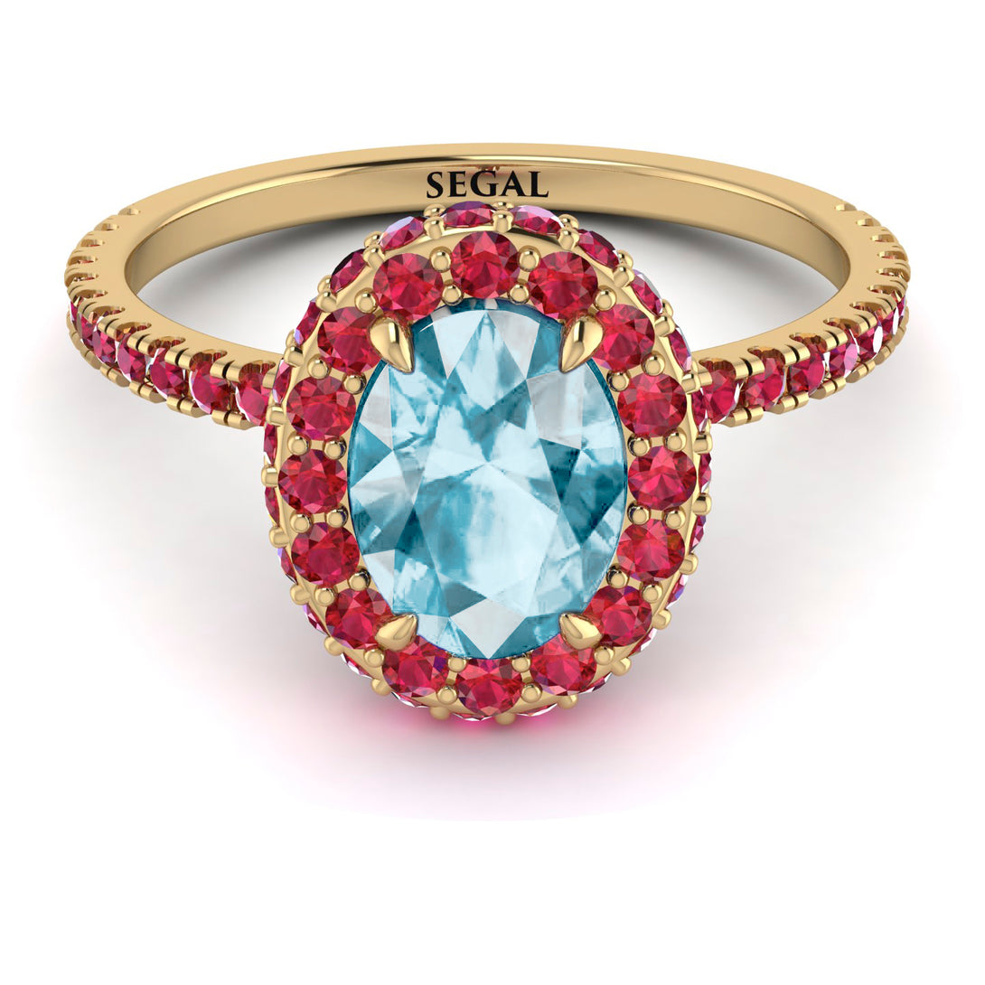 Oval Aquamarine Halo Hidden Rubies Ring - Amy No. 410