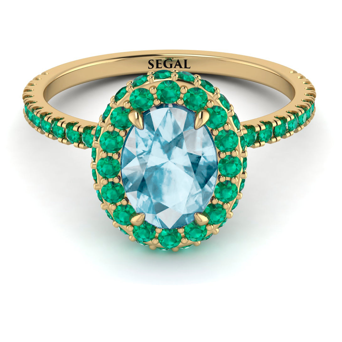 Oval Aquamarine Halo Hidden Emeralds Ring - Amy No. 404