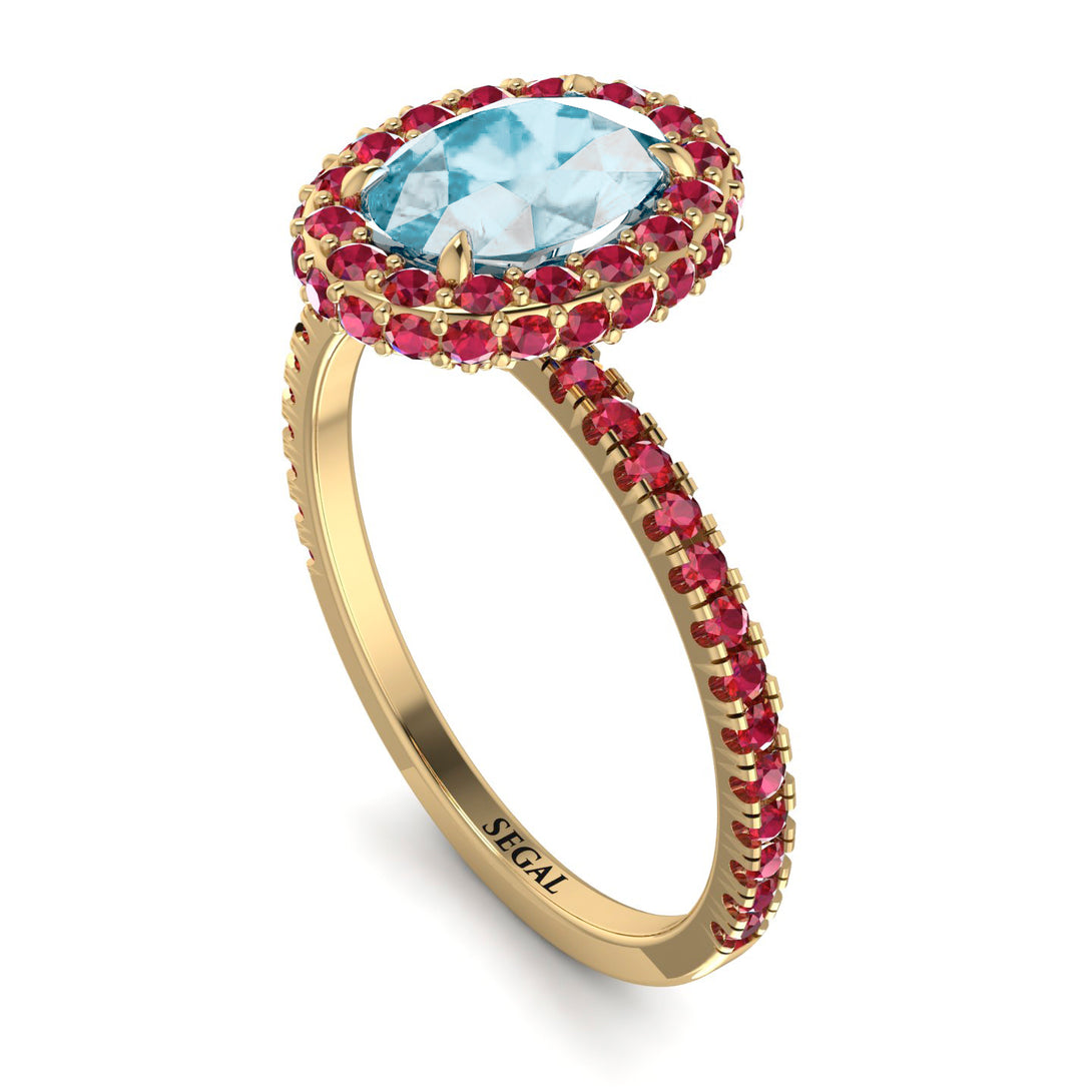 Oval Aquamarine Halo Hidden Rubies Ring - Amy No. 410