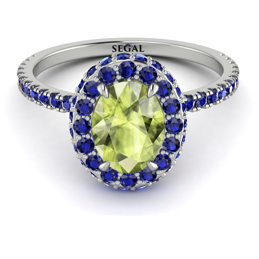Oval Peridot Halo Hidden Sapphires Ring - Amy No. 715