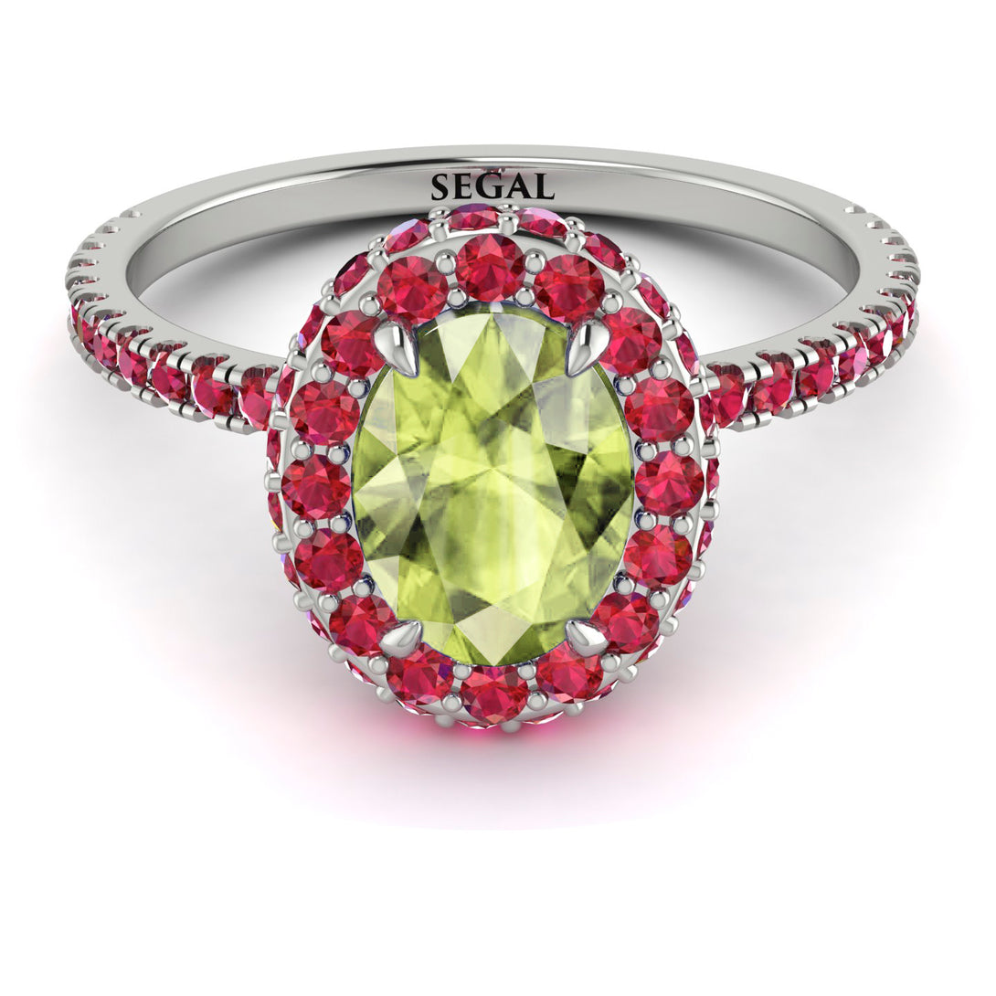 Oval Peridot Halo Hidden Rubies Ring - Amy No. 712