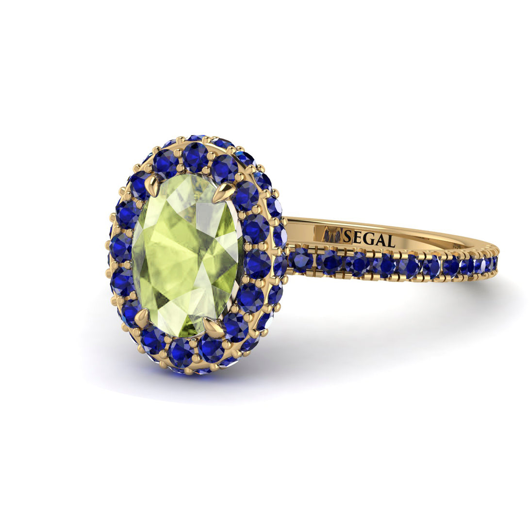 Oval Peridot Halo Hidden Sapphires Ring - Amy No. 713