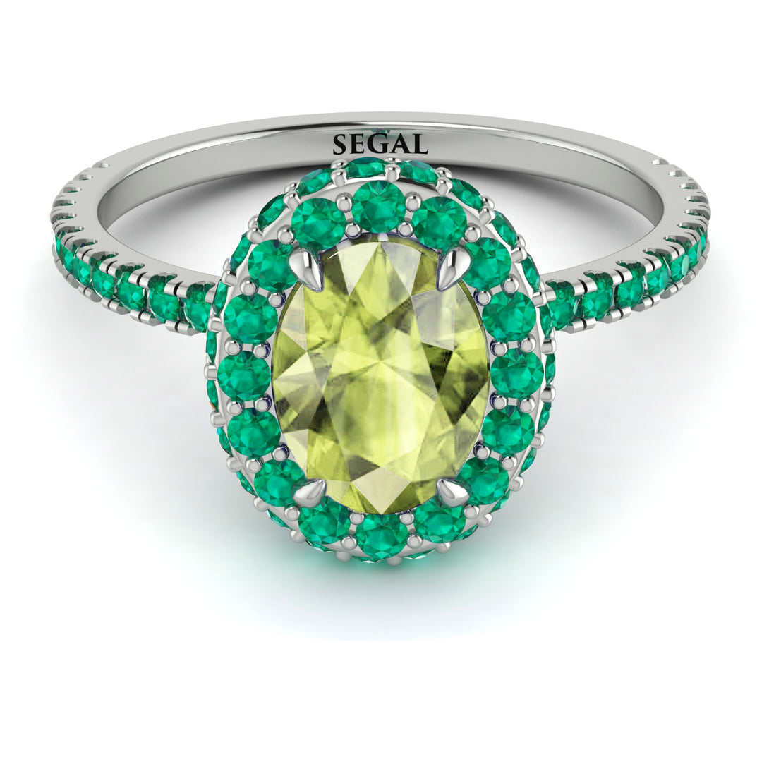Oval Peridot Halo Hidden Emeralds Ring - Amy No. 706