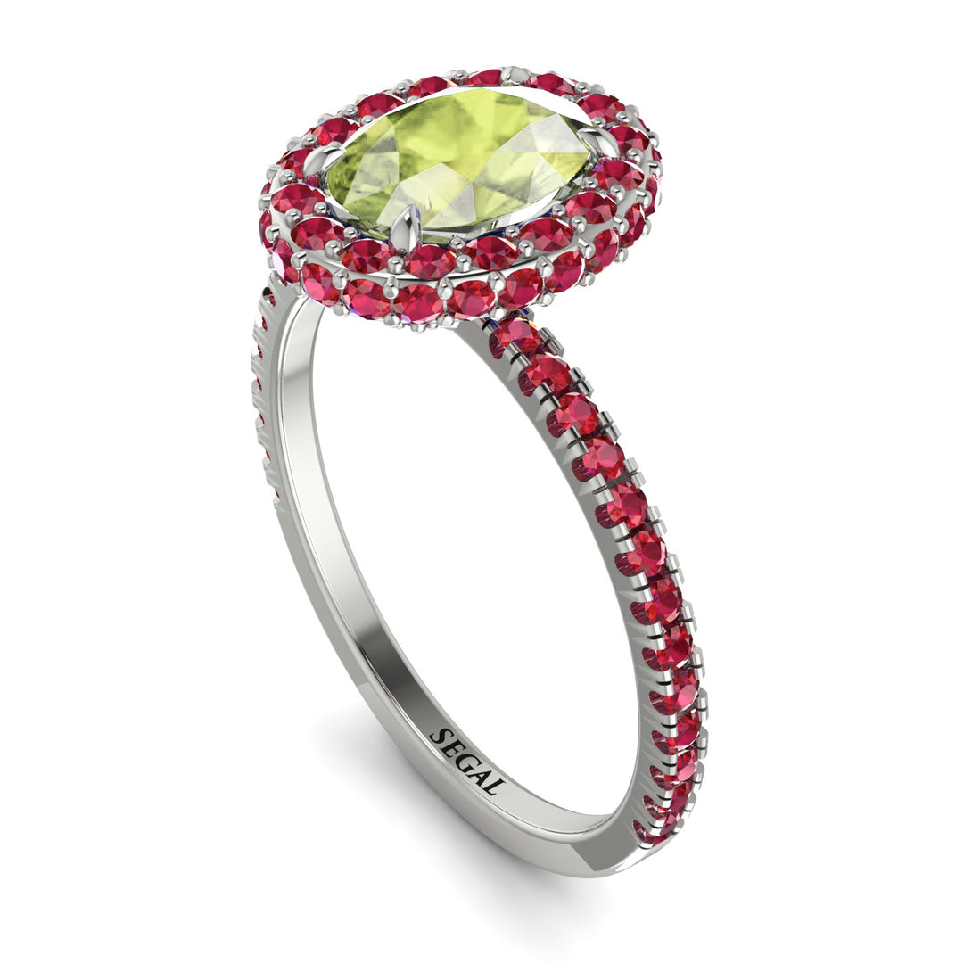 Oval Peridot Halo Hidden Rubies Ring - Amy No. 712