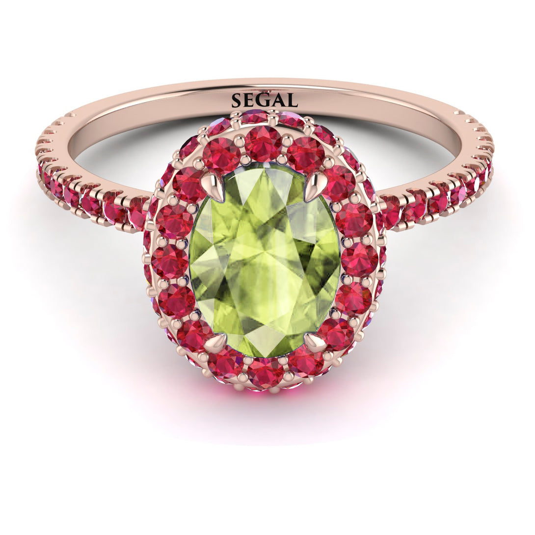 Oval Peridot Halo Hidden Rubies Ring - Amy No. 711