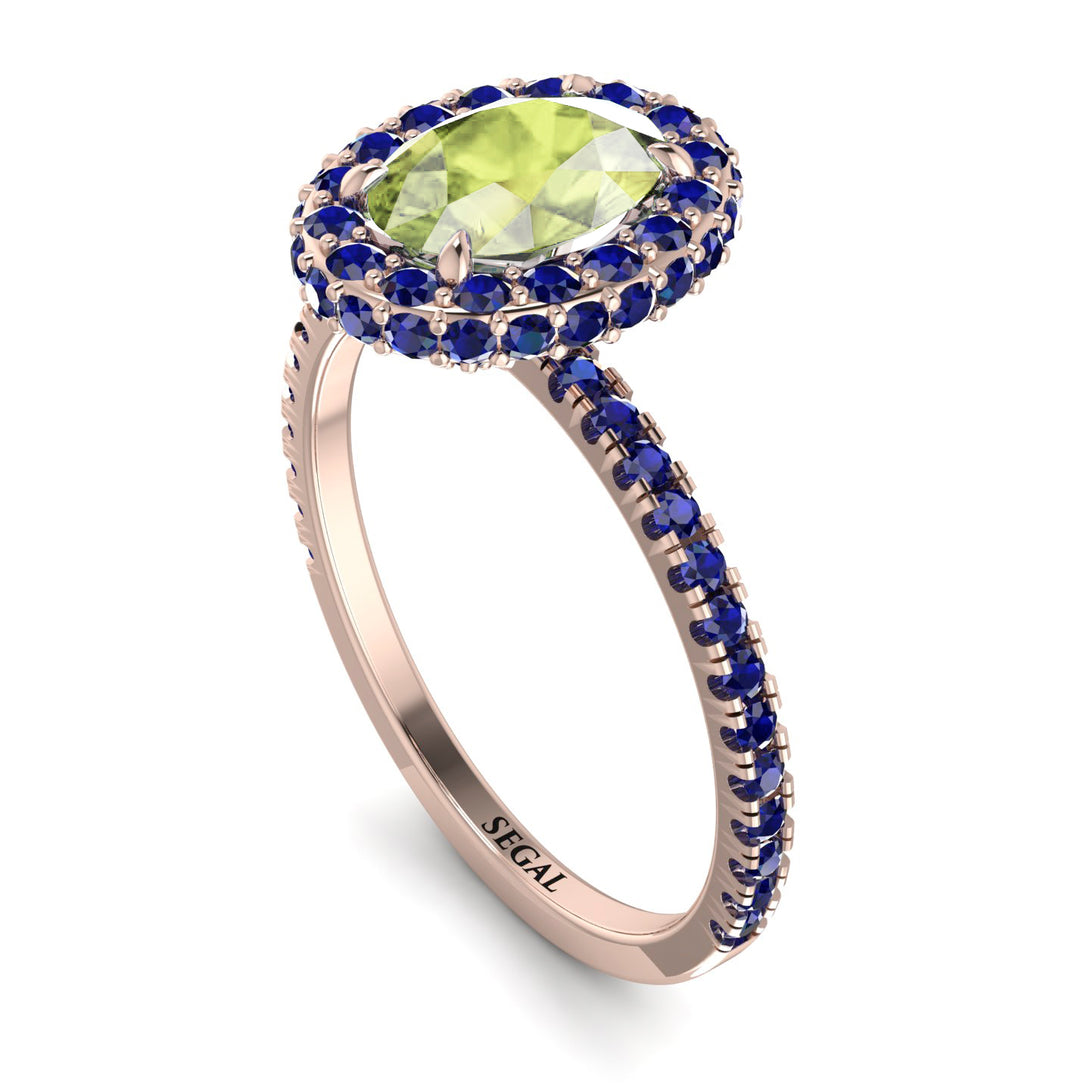 Oval Peridot Halo Hidden Sapphires Ring - Amy No. 714