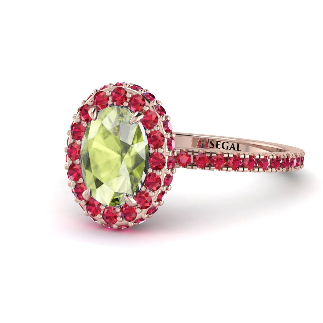 Oval Peridot Halo Hidden Rubies Ring - Amy No. 711