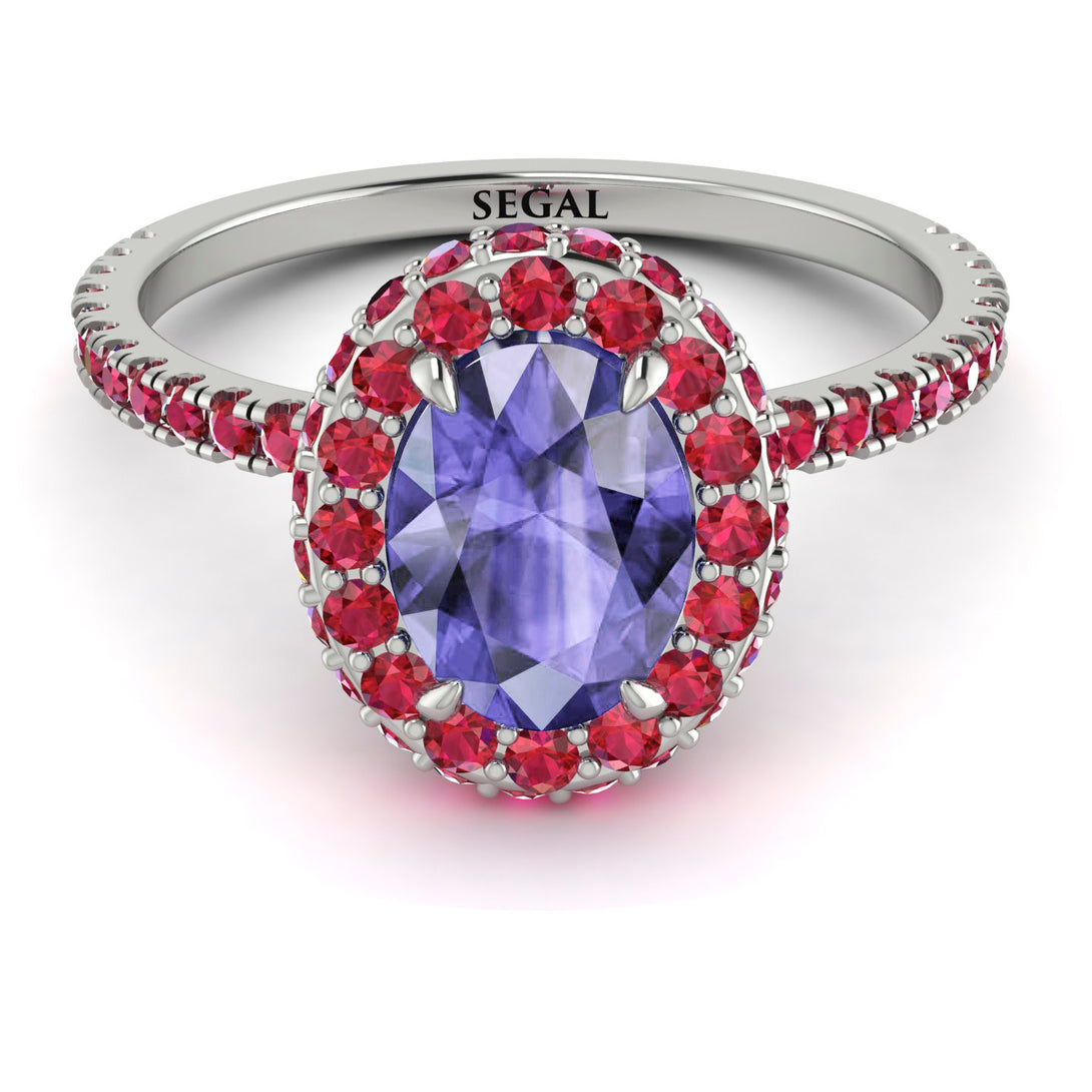 Oval Tanzanite Halo Hidden Rubies Ring - Amy No. 212