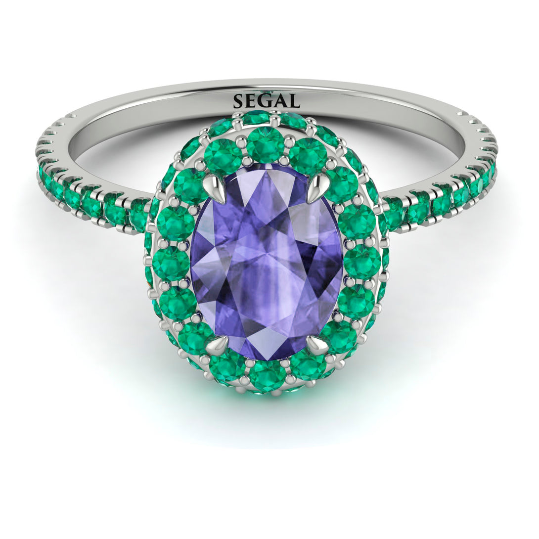 Oval Tanzanite Halo Hidden Emeralds Ring - Amy No. 206