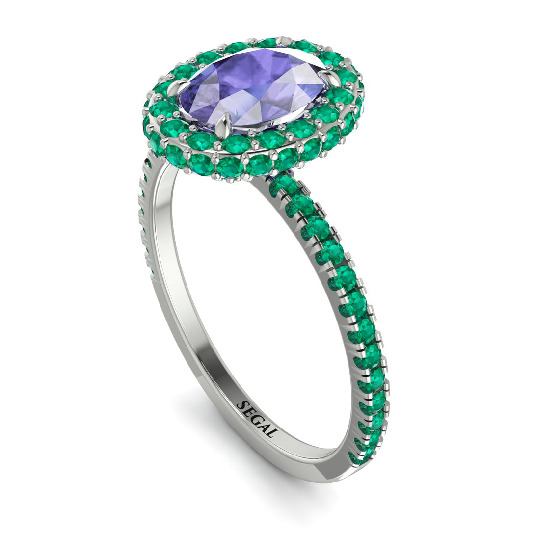 Oval Tanzanite Halo Hidden Emeralds Ring - Amy No. 206
