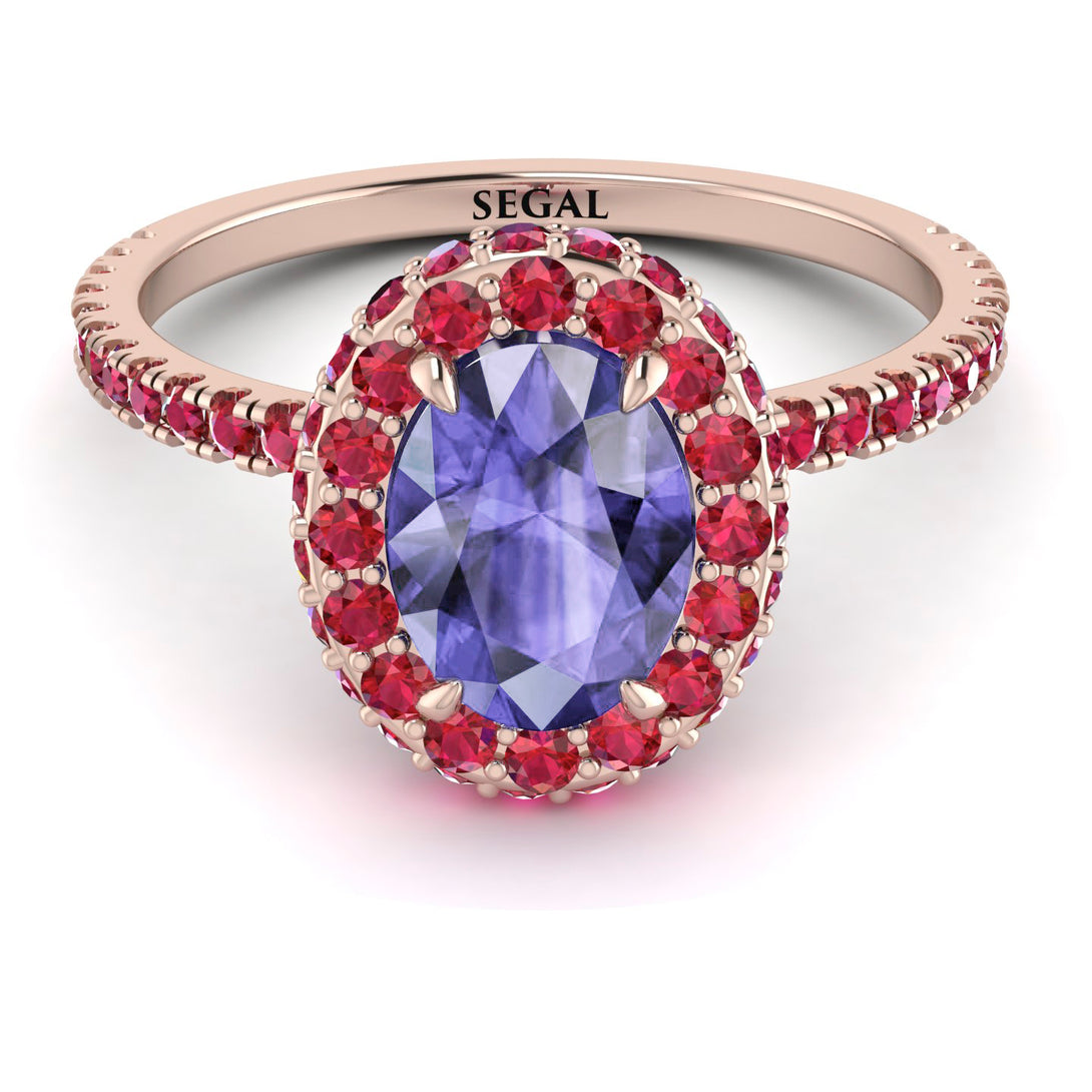 Oval Tanzanite Halo Hidden Rubies Ring - Amy No. 211