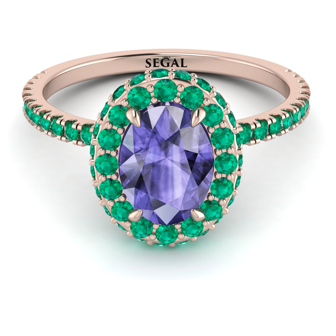Oval Tanzanite Halo Hidden Emeralds Ring - Amy No. 205
