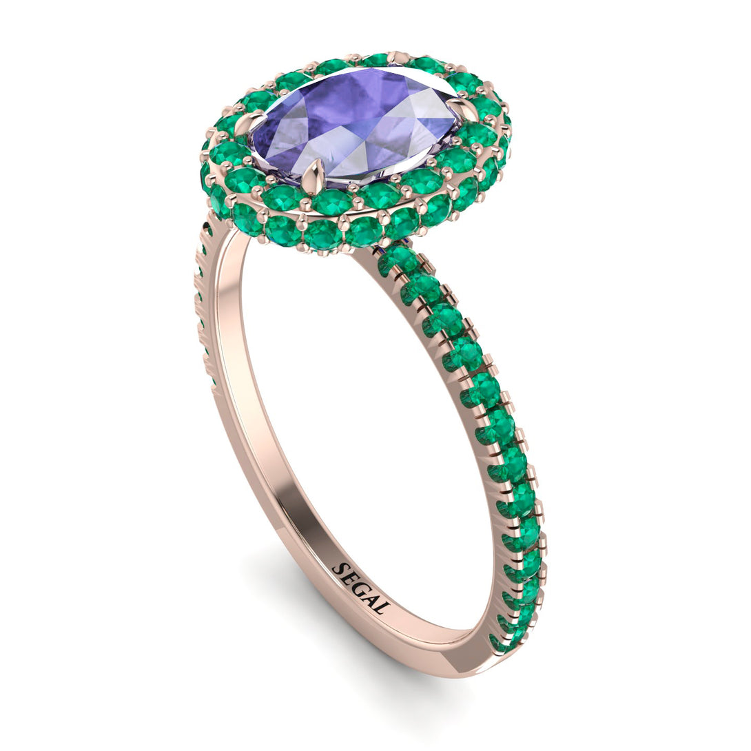 Oval Tanzanite Halo Hidden Emeralds Ring - Amy No. 205
