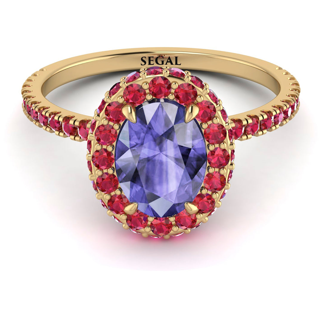 Oval Tanzanite Halo Hidden Rubies Ring - Amy No. 210