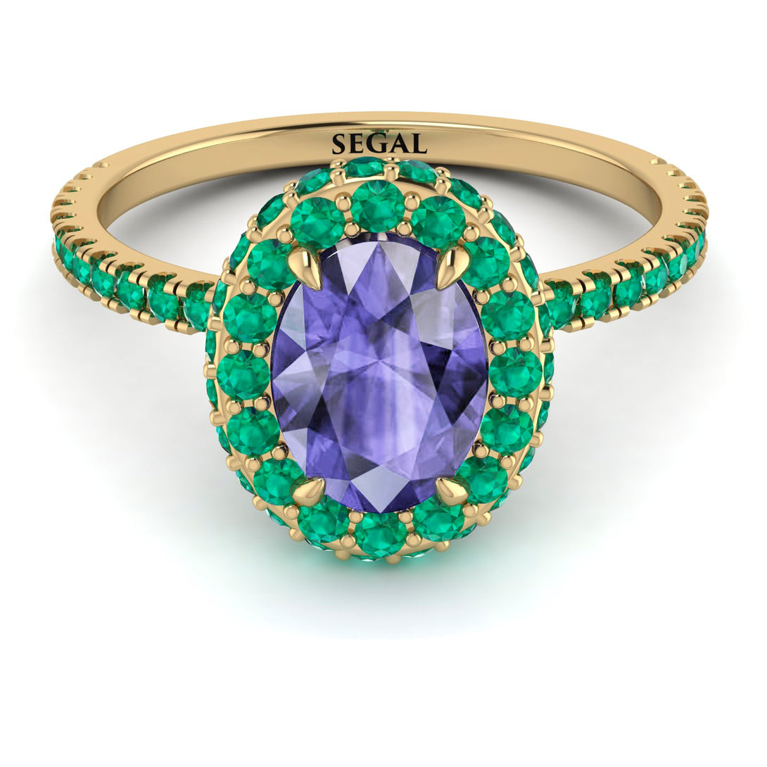 Oval Tanzanite Halo Hidden Emeralds Ring - Amy No. 204