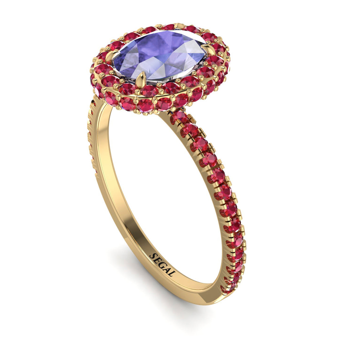 Oval Tanzanite Halo Hidden Rubies Ring - Amy No. 210