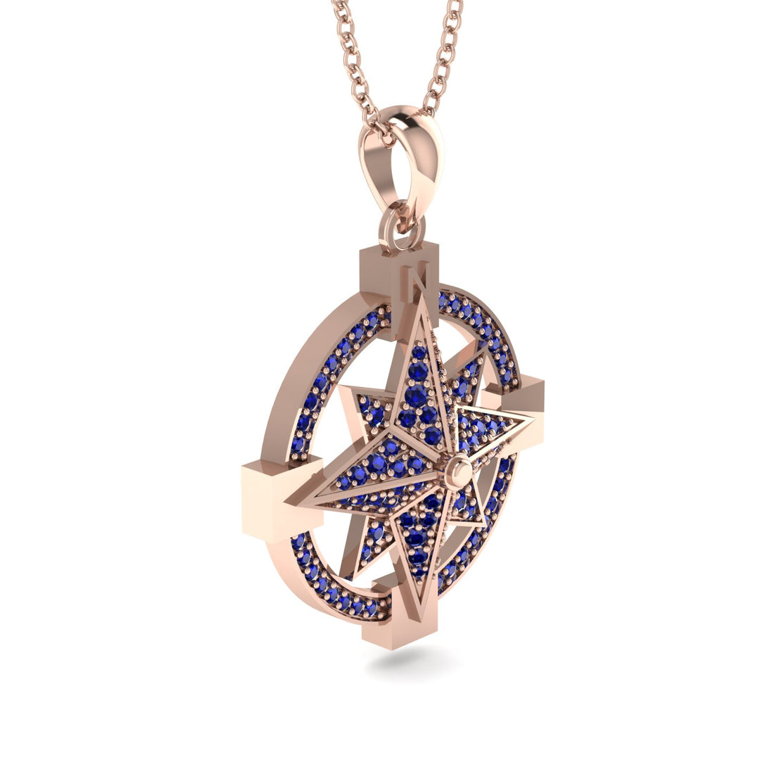 Sapphire-Encrusted Compass Charm Necklace - Celeste No. 14