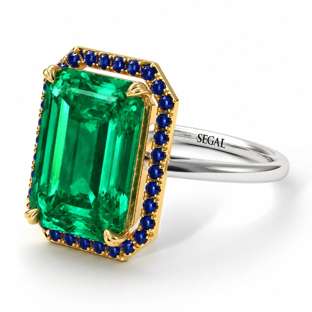Two Tones Halo Emerald Cut Emerald Engagement Ring - Izabella No. 82