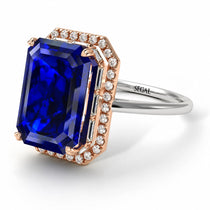 Two Tones Halo Emerald Cut Sapphire Ring With Hidden Diamonds - Rowan No. 84