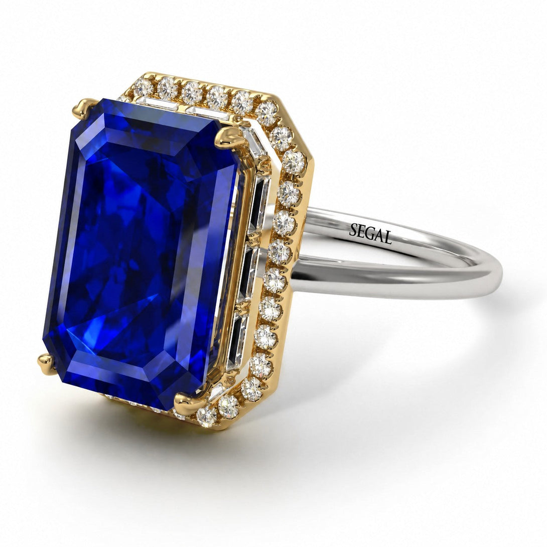 Two Tones Halo Emerald Cut Sapphire Ring With Hidden Diamonds - Rowan No. 83