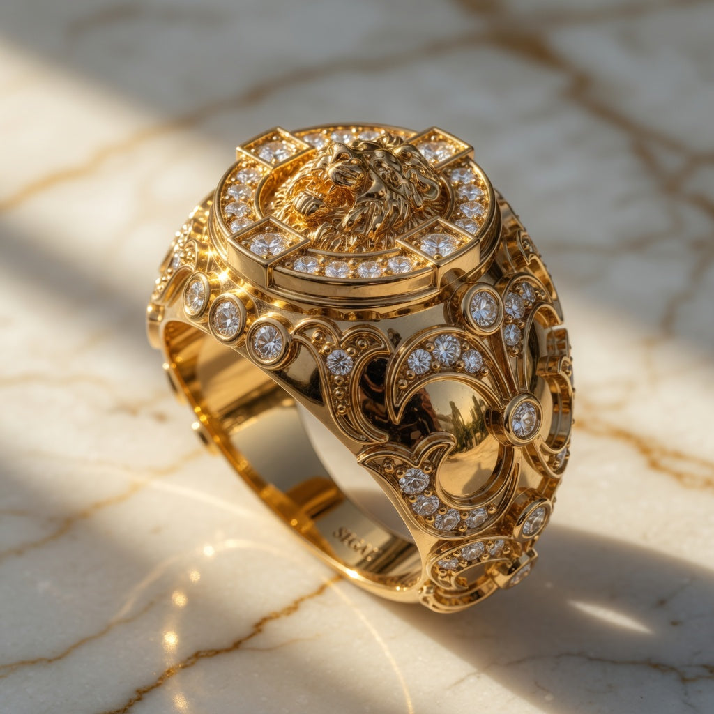 22K Diamond Royal Lion Men Signet Ring - Terry No. 1000