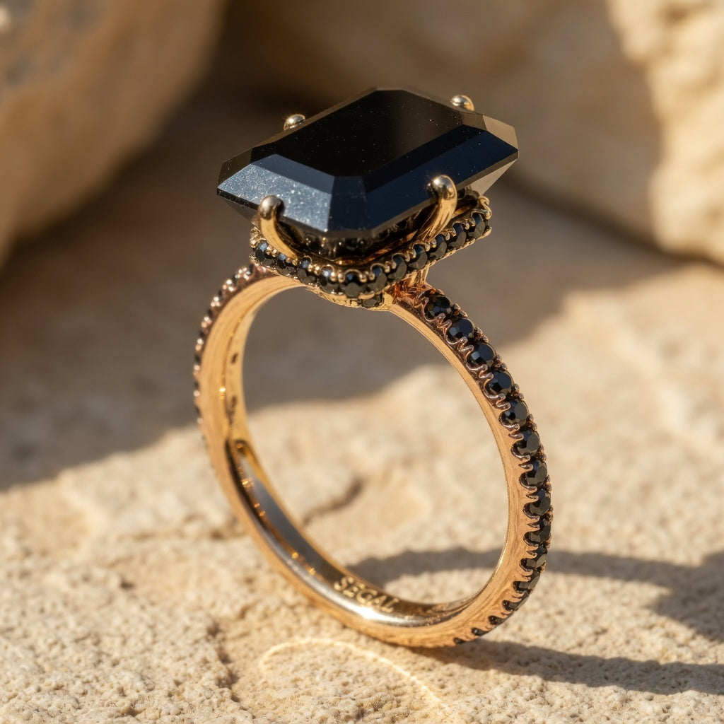 Two Tones Hidden Halo Emerald Cut Black Diamond Engagement Ring - Vanessa No. 79