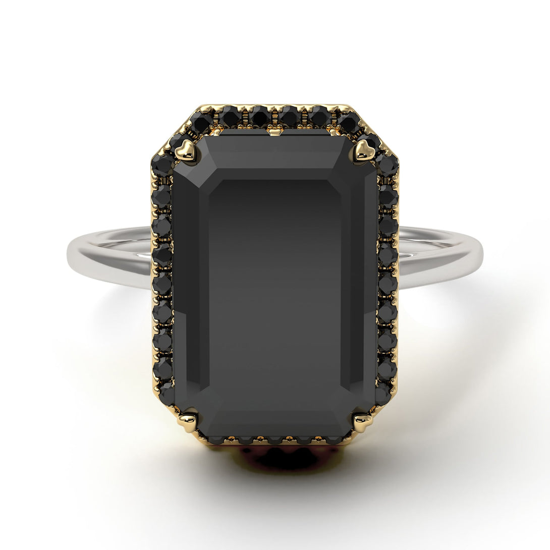 Two Tones Halo Emerald Cut Black Diamond Ring With Hidden Diamonds - Rowan No. 80
