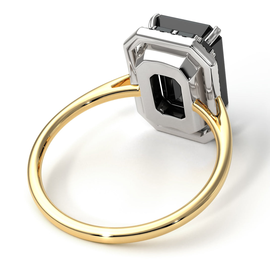 Two Tones Halo Emerald Cut Black Diamond Ring With Hidden Diamonds - Rowan No. 80