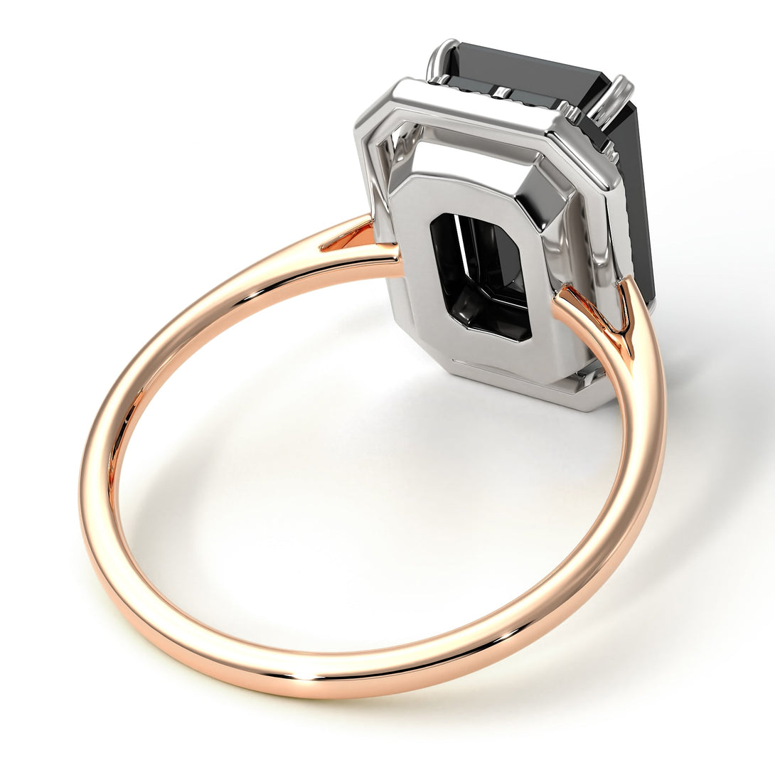 Two Tones Halo Emerald Cut Black Diamond Ring With Hidden Diamonds - Rowan No. 81